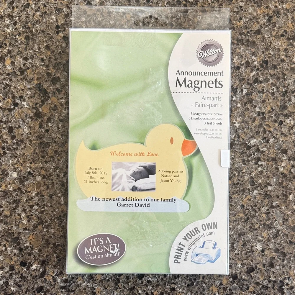 NEW Wilton Set of 5 Baby Announcement Printable Magnets with Yellow Duck Design